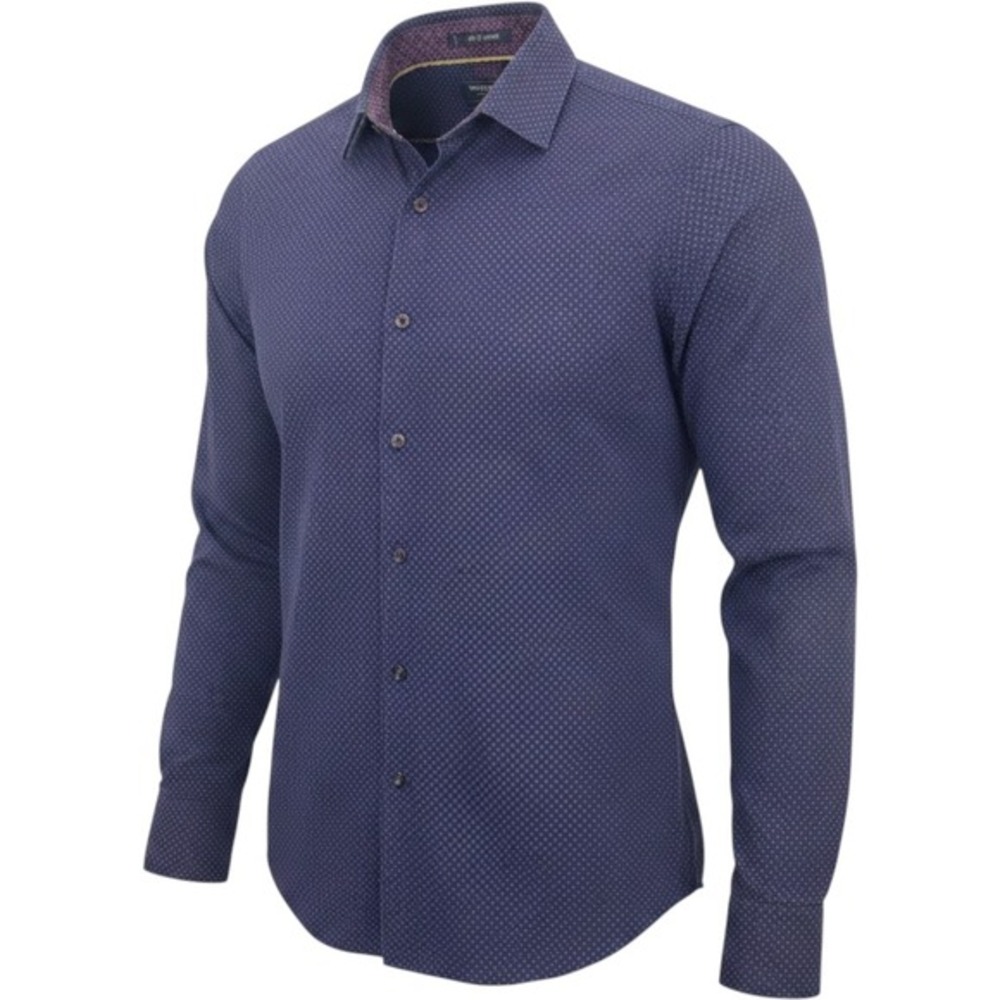 Denim &‎ Flower Mens Slim Fit Navy Blue Pink Micro Dot Cotton Button Up Shirt M